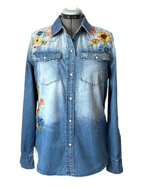 Driftwood Embroidered Distressed Denim button front shirt XL